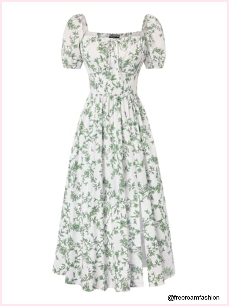 Floral Square Neck Corset Midi Dress With Side Zipper And Pockets